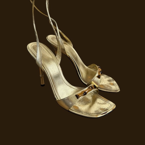 Vintage 90s Casadei Gold Metallic Bamboo Strappy Heels - Picture 5 of 10